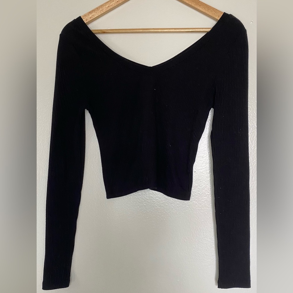 Topshop Cropped Black Long Sleeve Top Size Small